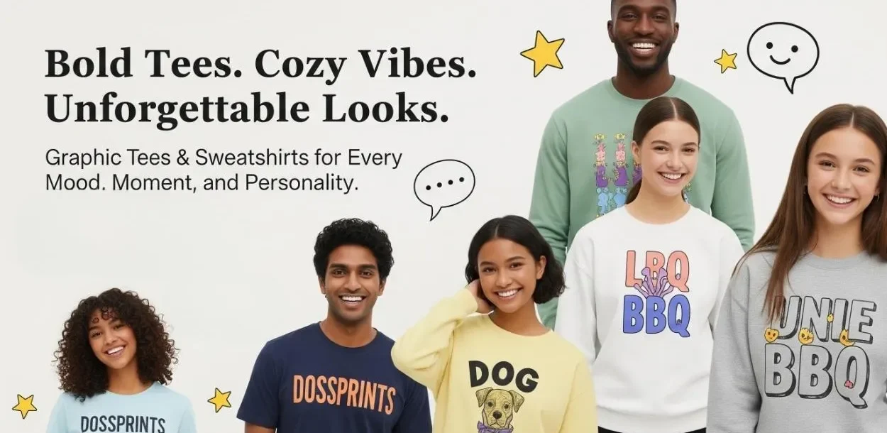 Level up your wardrobe with our bold and expressive graphic apparel—whether you're rocking a soft cotton tee or staying cozy in a fleece-lined sweatshirt.