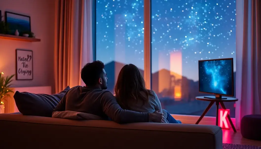 A couple cuddling on a couch in a softly lit living room, watching TV with stars visible through a window.