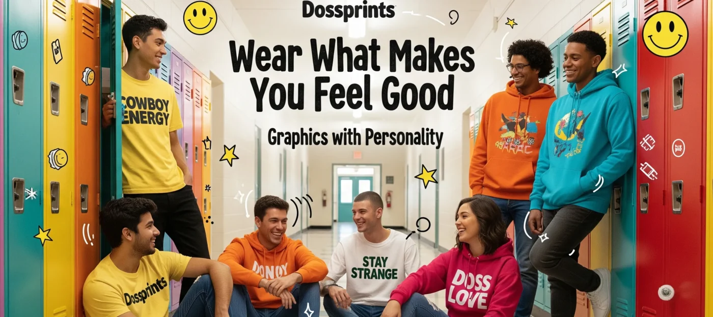 A fun retro-inspired school hallway setting with colorful lockers and 5 models in Dossprints graphic tees, hoodies, and crewnecks.