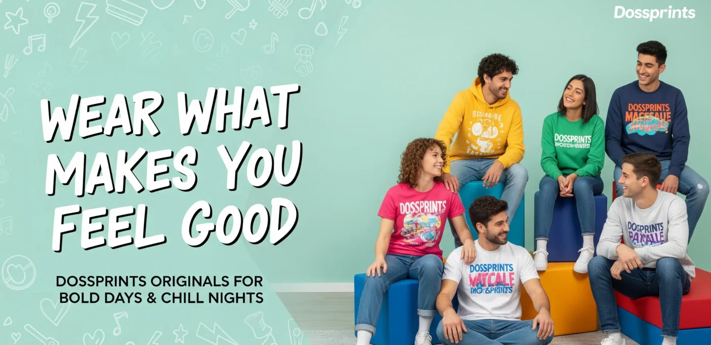 Each model is wearing bold, expressive Dossprints t-shirts and sweatshirts featuring fun slogans and strong personality graphic prints .
