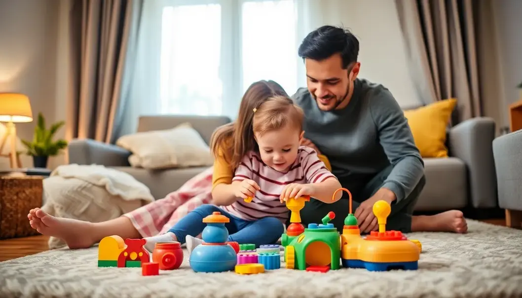 A loving couple playing with their toddler, using educational toys that spark creativity and bonding.
