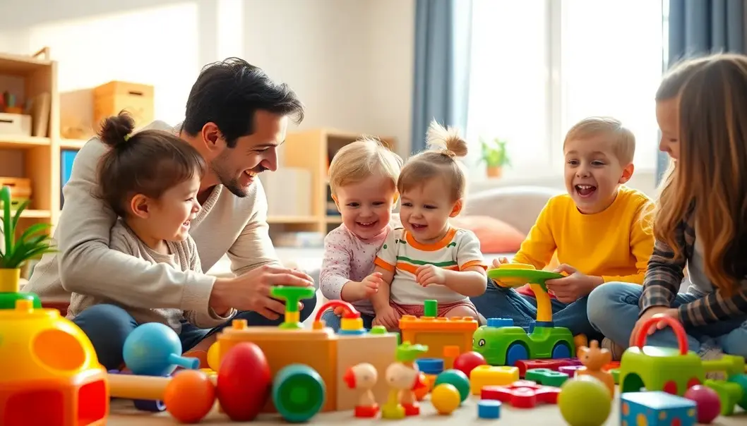 A family playing with educational toys in a bright room, filled with sunlight and joy.