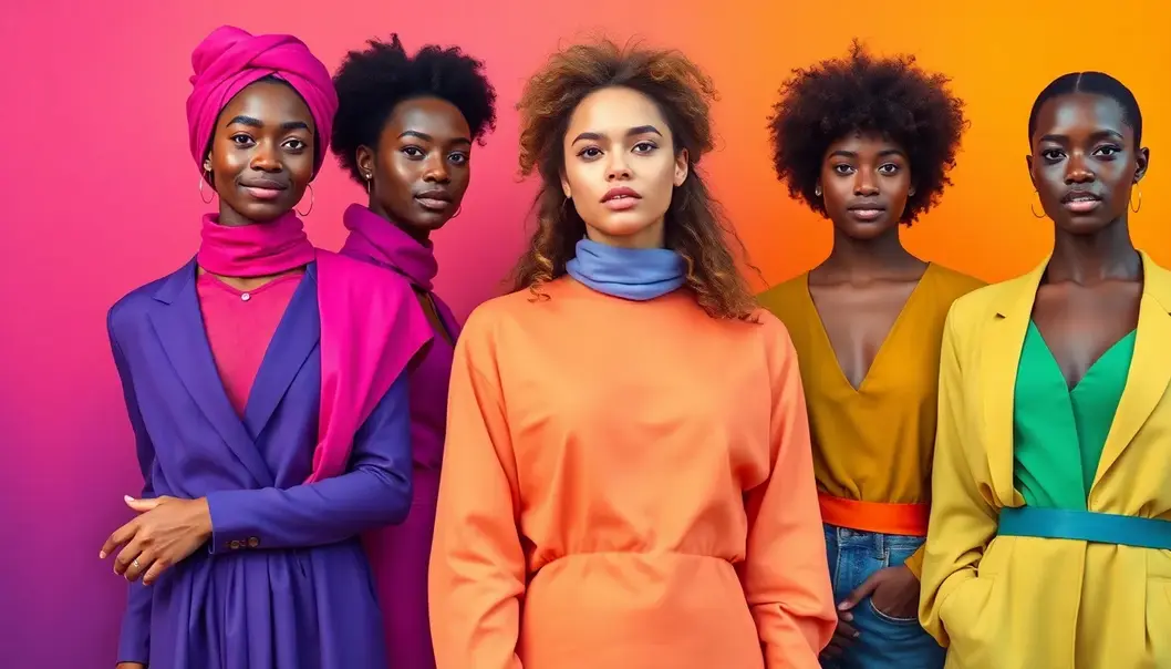 A collage of diverse individuals in colorful clothing suited to their skin tones, set against a rich, vibrant backdrop.