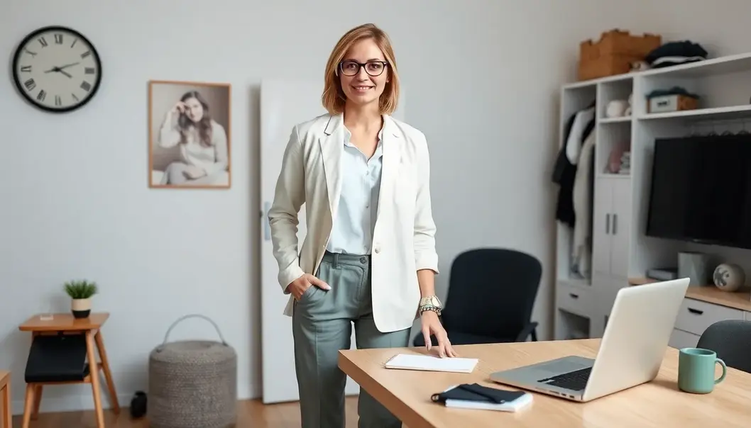 A freelancer standing with confidence in a home office, showcasing a wardrobe that adapts to weight fluctuations.