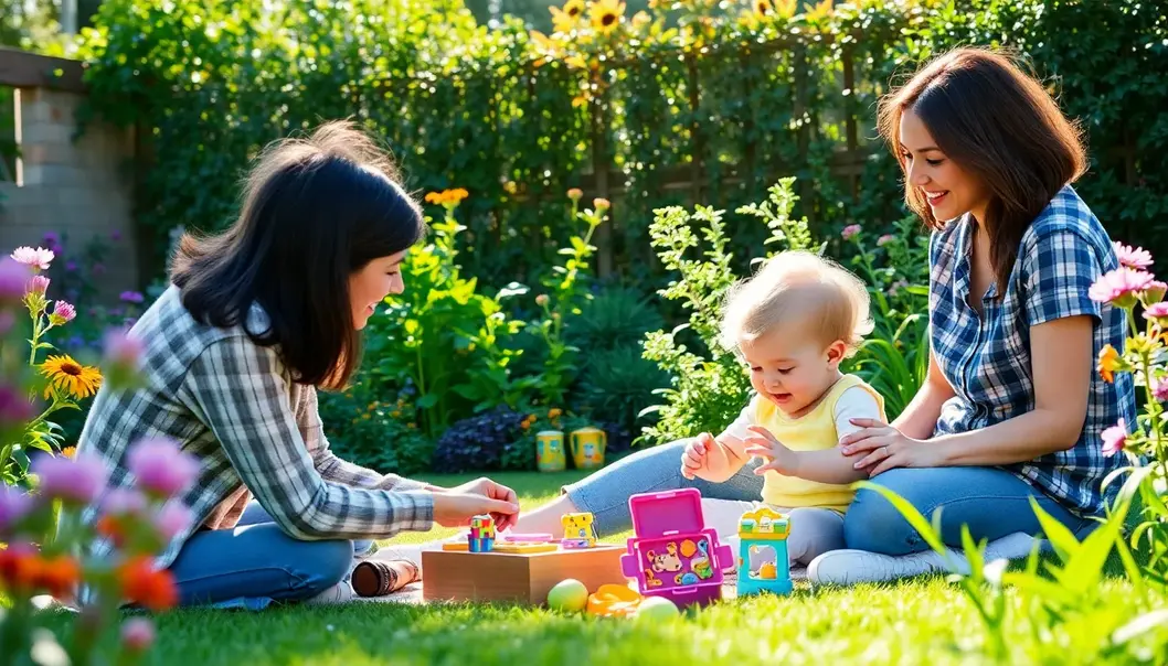 A loving couple playing with their toddler, using educational toys that spark creativity and bonding.