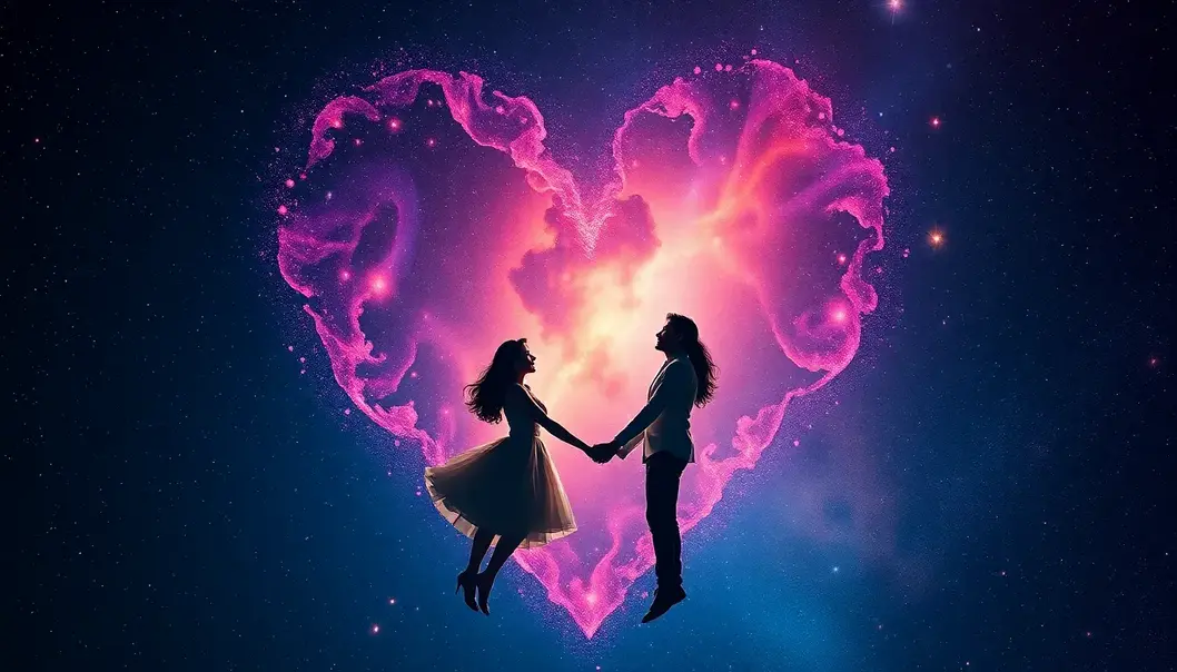 Lovers unite in a cosmic embrace, defying the distance of galaxies.