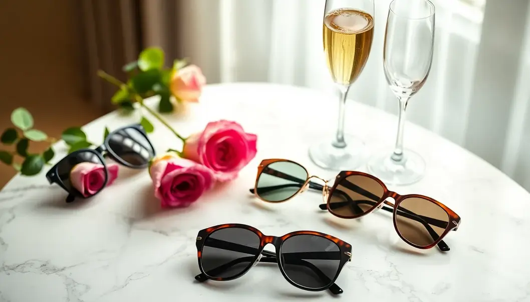 Various styles of luxury sunglasses artistically arranged with roses and champagne.