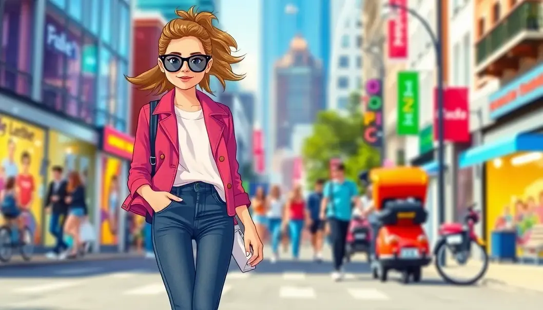 Illustration of a fashionable petite teen on a city street.