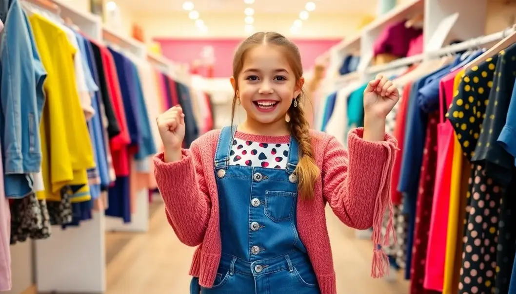 Petite teenage girl in a boutique, holding stylish clothes with a joyful expression.