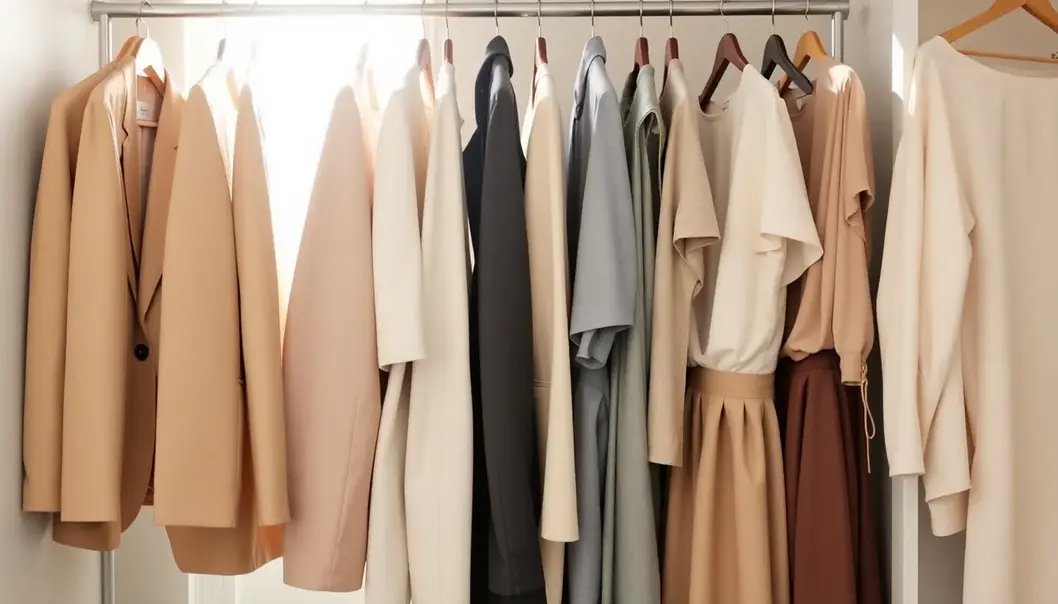 An organized wardrobe with adaptable clothing pieces essential for freelancers.